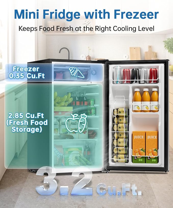 3.2 Cu Ft Mini Fridge with Freezer, Single Door Upright Freezer | Energy Efficient, Large Capacity, Reversible Door, ETL Certified, Small Refrigerator for Bedroom, Office & Dorm, Silver - Image 3
