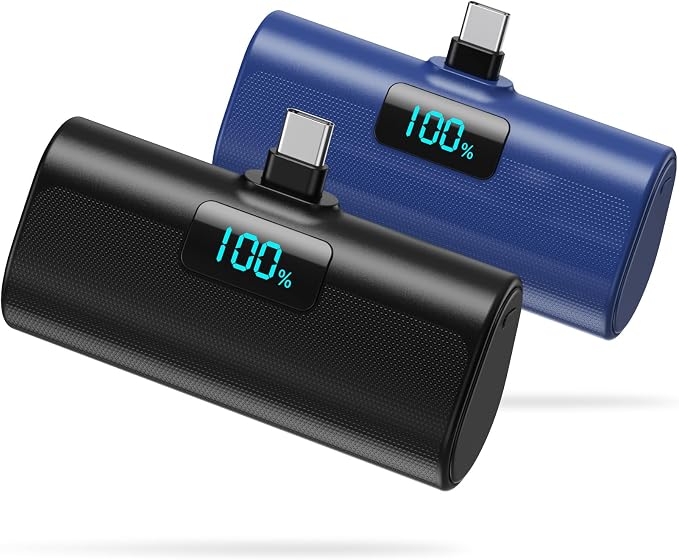 [2-Pack]Portable Charger for iPhone 17/16/15 Series,5200mAh PD USB C Power Bank Built-in USB-C Connector,Travel Battery Pack Compatible with iPhone 17/17 Pro Max/16/15 Series,Galaxy,Android-Black+Blue by HETP