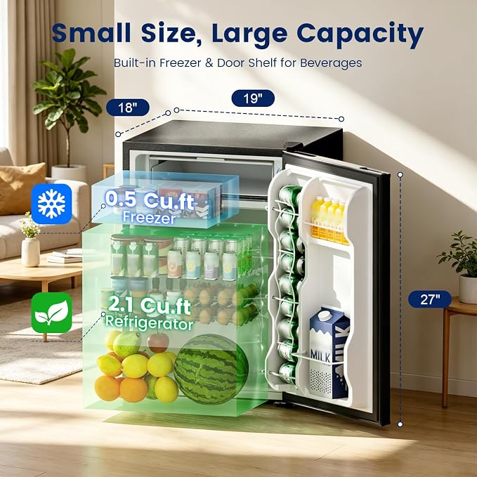 2.6 Cu Ft Small Fridge with Freezer for Office Silver | Mini Refrigerator for Dorm Bedroom, Compact Fridge, Energy-efficient, Low Noise - Image 2
