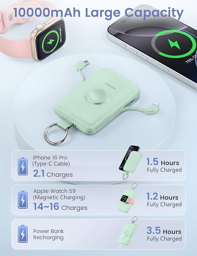 RORRY Portable Charger, 10000mAh PD 20W Fast Charging Portable Charger Power Bank with Built in Cables, Travel Battery Pack for iPhone and Apple Watch Ultra/11/10/9/8/7/6/5, Green - Image 5