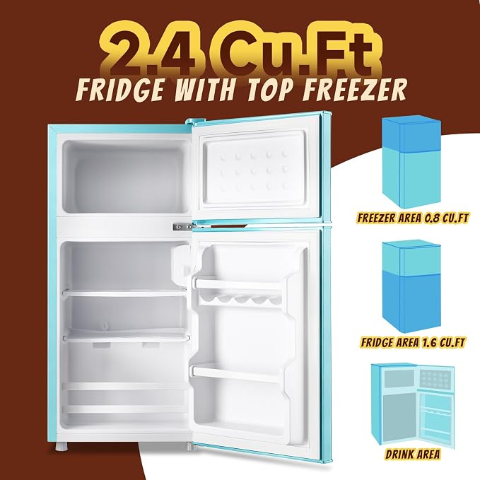2.4 Cu.ft Mini Fridge Small Refrigerator Dual Door Plastic Shelves Apartment Size Fridge for Personal Seven Temp Gear Blue - Image 2