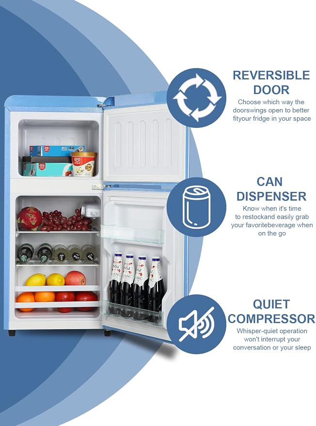 Mini Fridge Compact Refrigerator Small Refrigerator 7 Level Adjustable Thermostat Removable Shelves with Stainless Steel 2 door for Office Dorm Apartment 3.5 Cu.Ft Blue - Image 2