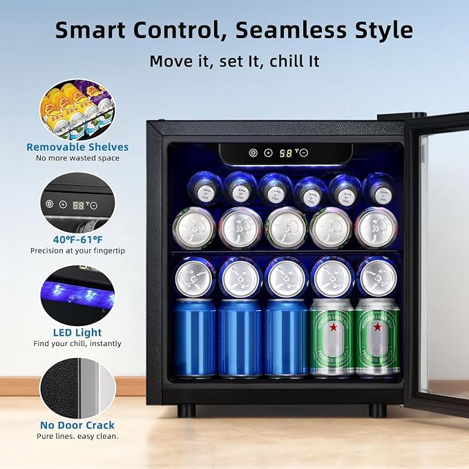 Antarctic Star 48 Can Mini Beverage Refrigerator, 1.3 Cu.Ft Compact Drink Cooler with Glass Door, Adjustable Temp 40-61°F, Quiet Freestanding Wine & Soda Cooler for Home Office Dorm, LED Lit - Image 3