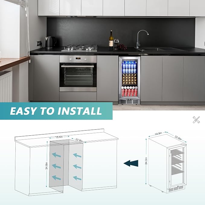 EUHOMY 15 Inch Beverage Refrigerator Cooler Under Counter 127 Cans Beverage Fridge Built-in or Freestanding with Glass Door, LED Light, Beer Fridge for Soda, Water, Wine - Home Kitchen Bar. - Image 6