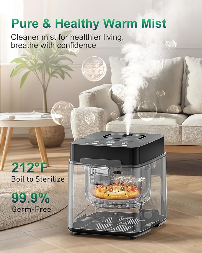Mifasol Stainless Steel Humidifier, 3.3L/0.87Gal Steam Warm Mist Humidifiers for Bedroom 800 sq ft, Easy to Clean Humidifiers for Home, Dishwasher Safe Humidifier Large Room Baby Nursery Office, Black - Image 2