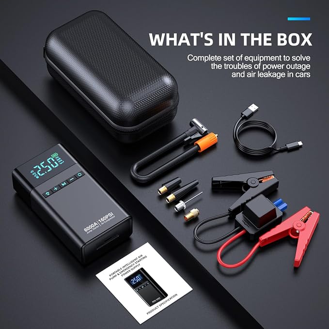 10-in-1 Portable Car Battery Jump Starter with Air Compressor, 6000A 160PSI Portable Car Jumper Starter (All Gas 12L Diesel), 12V Jump Box Car Battery Jump Starter with Jumper Cables, Lights - Image 8