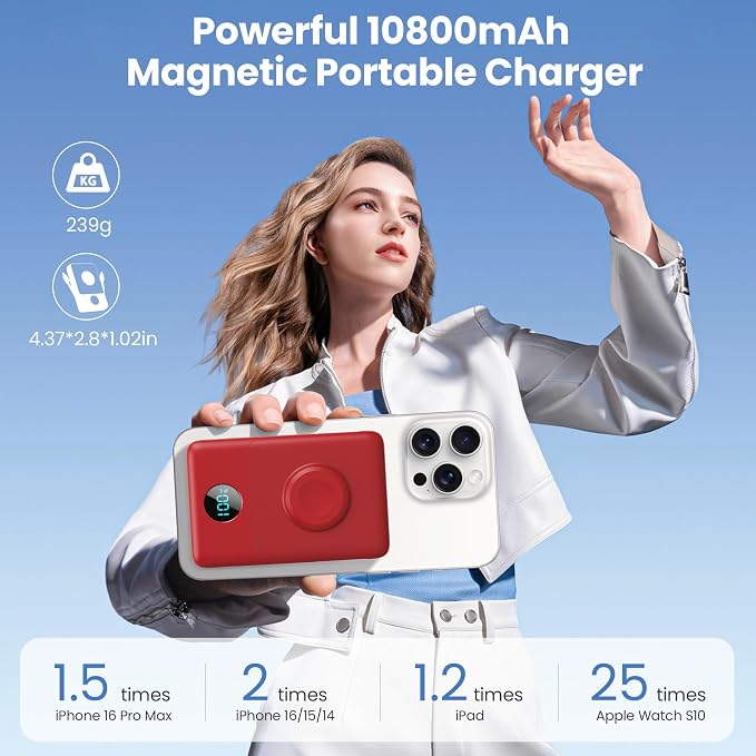 Magnetic Portable Charger for MagSafe with Built-in Cable,iWatch Charger,10800mAh Wireless Power Bank Travel Essentials,25W PD Fast Charging Battery Pack for iPhone 17/16/15/14/13/12,Apple Watch-Red - Image 2