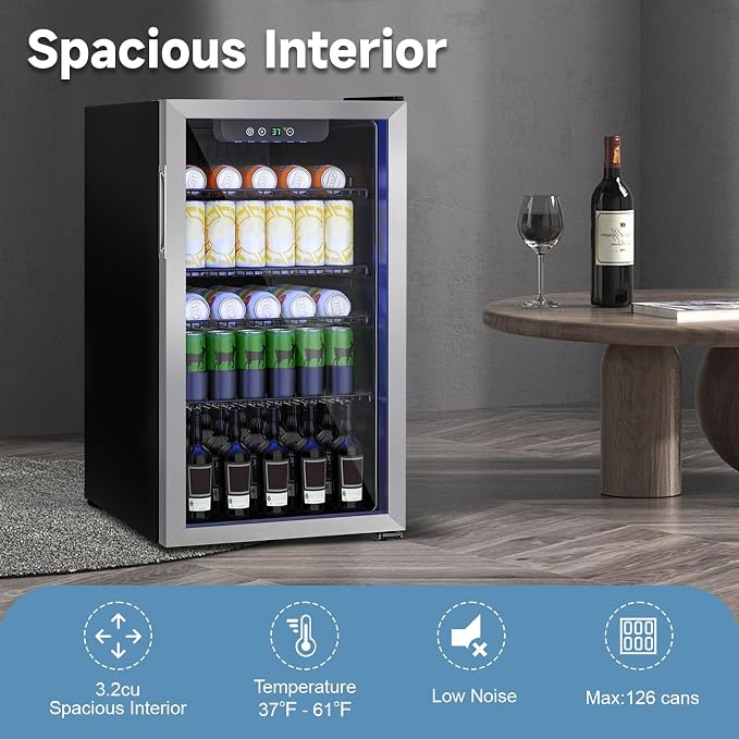 Stopasd Compact Beverage Refrigerator, 3.2 Cu.Ft/126 Can Drink Fridge with Adjustable Shelves & Glass Door for Soda Wine Beer, Quiet Undercounter Small Fridge for Home/Office/Bar/Garage,Sliver - Image 5