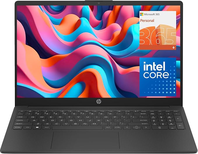 HP 15.6" Laptop, Intel Processor, 16GB RAM, 128GB SSD | Copilot AI, Long Battery Life, Lightweight 3.64 lbs, Microsoft 365, Windows 11 for Students & Office, Black by HP