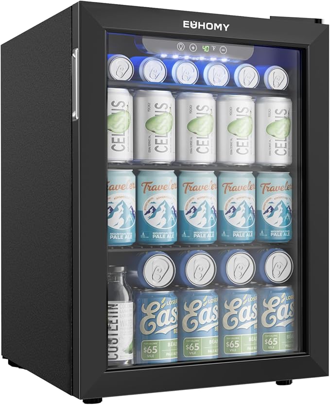 EUHOMY 100 Can Beverage Refrigerator cooler-Mini Fridge Glass Door for Beer Drinks Wines, Freestanding Beverage Fridge with Adjustable Shelves Blue LED for Home/Office/Dorm/Bar, 2.7 cu.ft by EUHOMY