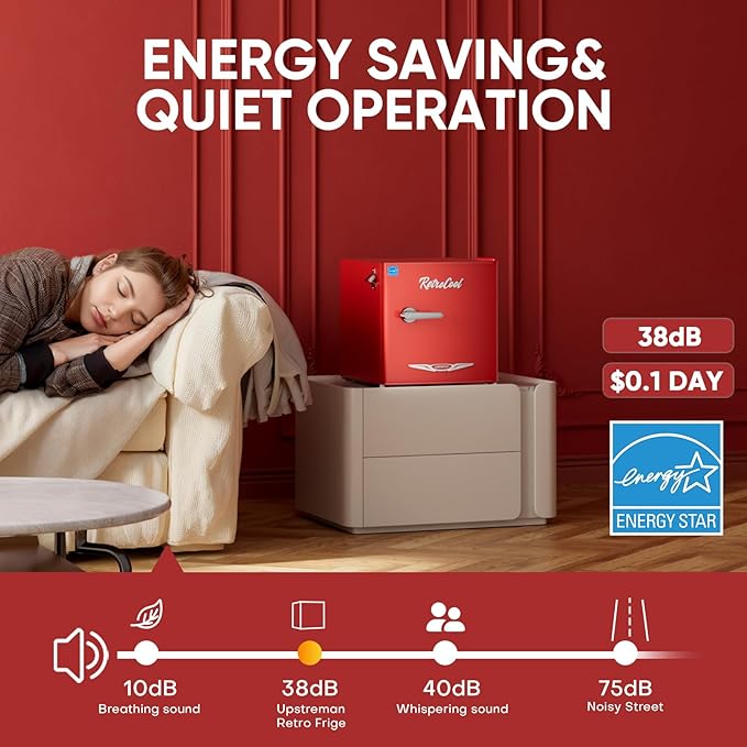 Upstreman 1.7 Cu.Ft Retro Mini Fridge, Low Noise, Energy Saving, Adjustable Thermostat, Single Door, Side Bottle Opener, Metal Handle, Compact Refrigerator for Office, Bedroom, Dorm-FR17 PRO (Red) - Image 4