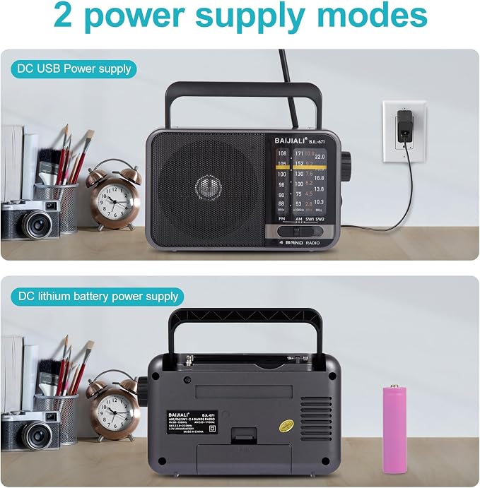 Portable AM/FM Transistor Radio with Loud Speaker, Battery or USB Powered - Compact Emergency Radio for Indoor, Outdoor, Travel & Storms (Model BJL-671) - Image 2