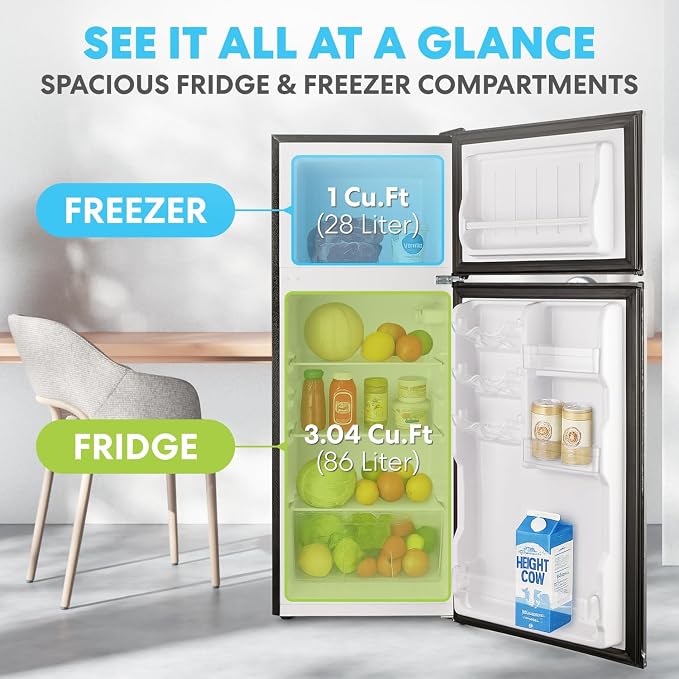 Simpli-Magic 4.0 Cu.Ft. Mini Fridge with Freezer – Compact Double Door Refrigerator for Dorm, Office, Bedroom – Adjustable Thermostat, Energy Efficient, Stainless Steel - Image 3