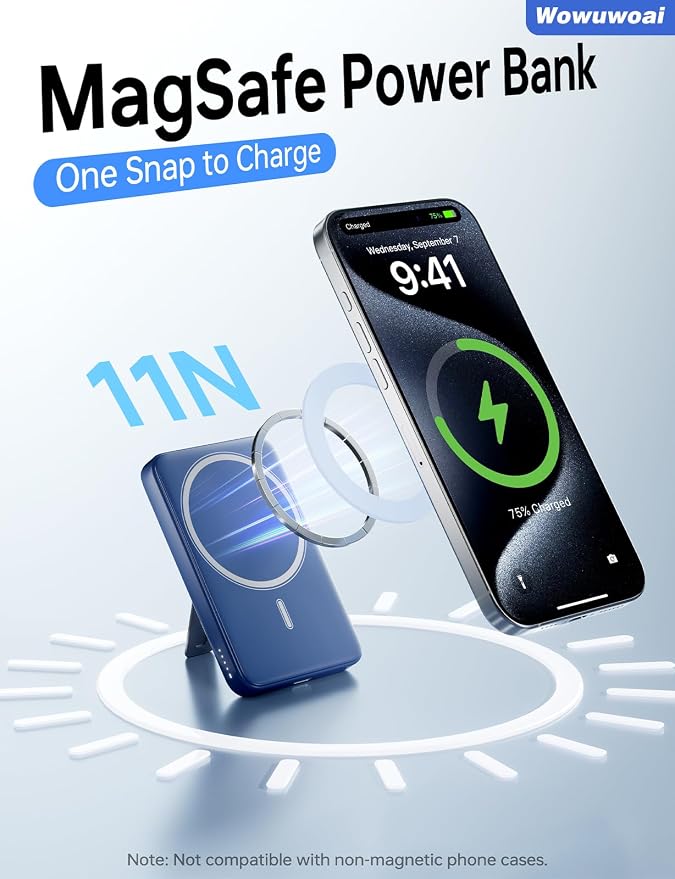 for Magsafe Portable Charger, 10000mAh Wireless Power Bank with Stand and PD 20W, USB C Fast Charging Powerbank, Magnetic Battery Pack Compatible with iPhone 17/16/15/14/13/12 Pro Max - Dark Blue - Image 2