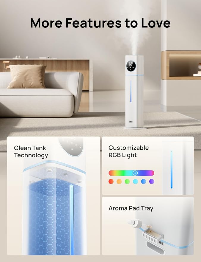 DREO HM735S 11L Smart Humidifier Large Room 700 ft², 100H Cool Mist Air Humidifiers for Bedroom, Top-Fill, Clean Tank Technology, 26dB, Auto Mode, Aroma Box, RGB, Remote & APP Control, Baby, Blue - Image 7