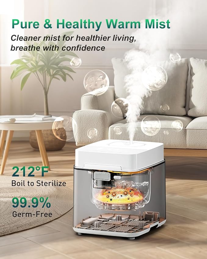 Mifasol Stainless Steel Humidifier, 3.3L Warm Mist Humidifiers for Bedroom, Easy Clean Steam Humidifiers for Home, Dishwasher Safe Humidifier Large Room, White - Image 2