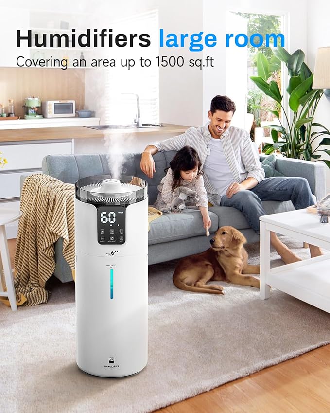 Humidifier Large Room, 4.2 Gal/16L Large Humidifier for 1500 sq.ft, 360° Nozzles Cool Mist Ultrasonic, Top Fill Tower Humidifiers for Bedroom Office Plant wholehouse with Extension Tube, Night Light - Image 2