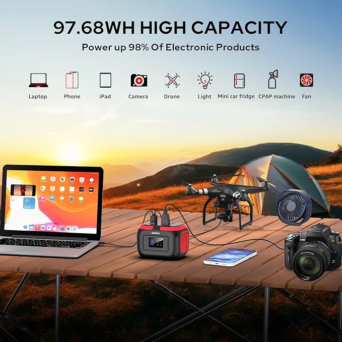 ENOFLO Portable Power Station, 97.68Wh Solar Generator, Lithium Battery Power with 110V AC 120W Peak Socket/DC/USB QC3.0/LED Light for Outdoor Camping Trip Home Backup Emergency - Image 2