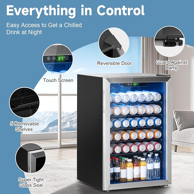 145 Can Mini Fridge-4.5 Cu.Ft Beverage Refrigerator, Glass Door | Compact Drink Fridge with Reversible Door for Soda Wine Beer, Adjustable Temperature Control for Home Office Bar, (37-61 ℉) - Image 3