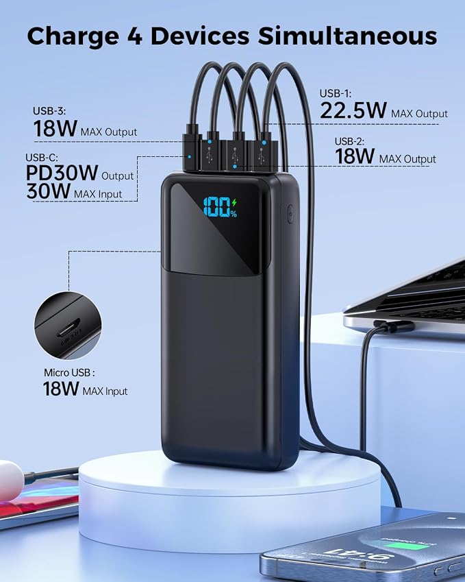 Portable Charger Power Bank 50000mAh, USB-C PD 30W Fast Charging, High Capacity External Battery Pack for Camping, Portable Phone Charger for iPhone 17/16/15/14/13/12/11 Samsung Android (Black) - Image 3