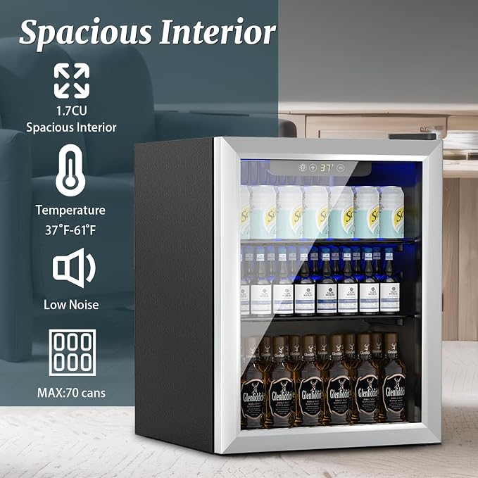 Compact 70 Can/1.7Cu.Ft Mini Fridge, Reversible Glass Front Door | For Soda, Beer or Wine, Portable Small Beverage Refrigerator With Digital Display&Removable Shelves for Office, Dorm, Bar - Image 5