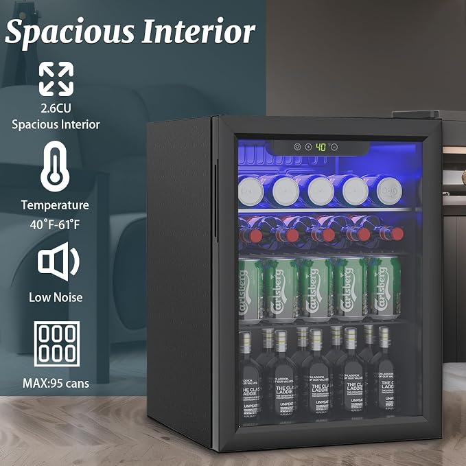 Compact Beverage Refrigerator, 2.6Cu.Ft/95 Can Mini Fridge with Glass Door and Digital Display, Small Drink Fridge with Adjustable Shelves for Soda, Beer, or Wine, Compact Fridge for Home - Image 5