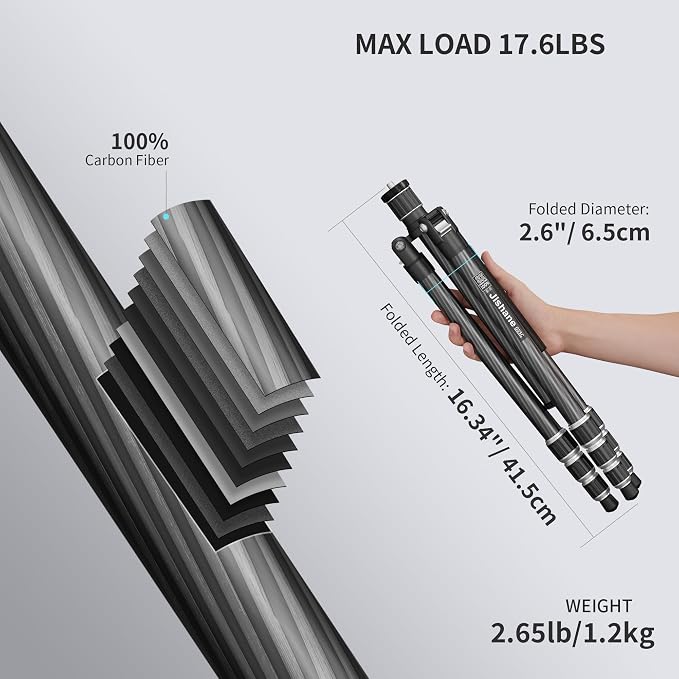 Carbon Fiber Camera Tripod, 1/4" Arca QR Plate, Compact Lightweight Travel - Image 3