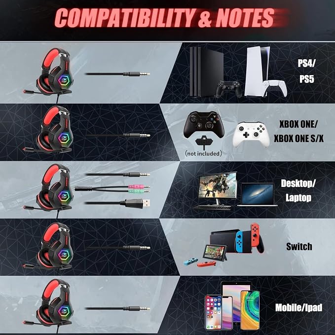 Ozeino Gaming Headset for PC, Ps4, Ps5, Xbox Headset with 7.1 Surround Sound, Gaming Headphones with Noise Cancelling Mic RGB Light Over Ear Headphones for Xbox Series X/S, Switch -Red - Image 6