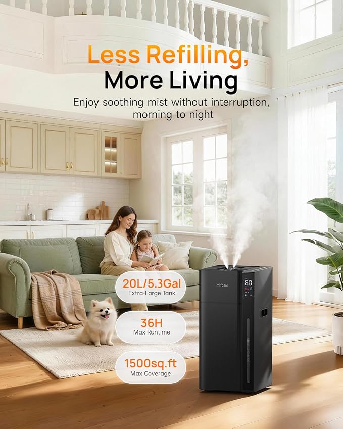 Mifasol Humidifier Large Room, 5.3Gal/20L Warm & Cool Mist Humidifiers for Home 1500 sq ft, Whole House Humidifier, Humidifiers for Bedroom Home Plants Office Large Areas, Black - Image 3