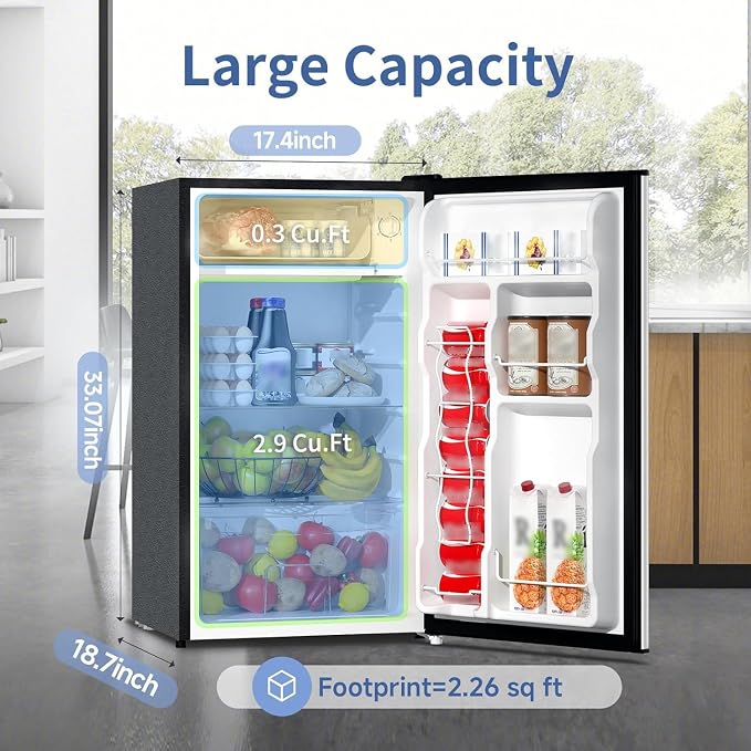 Mini Fridge with Freezer, 3.2Cu.Ft, Single Door Small Refrigerator, Energy-efficient, Low Noise, Mini fridge for Bedroom Dorm and Office, Black - Image 2