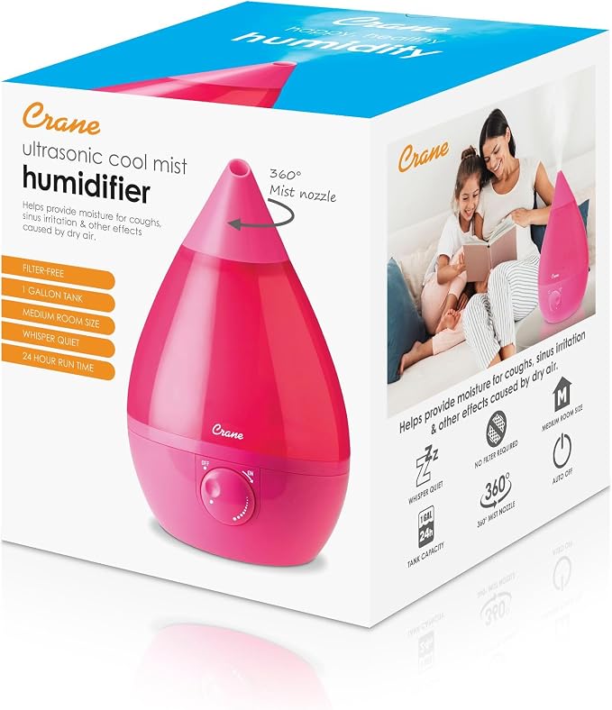 Crane Ultrasonic Humidifiers for Bedroom and Office, 1 Gallon Cool Mist Air Humidifier for Large Room and Home, Humidifier Filters Optional, Pink - Image 8