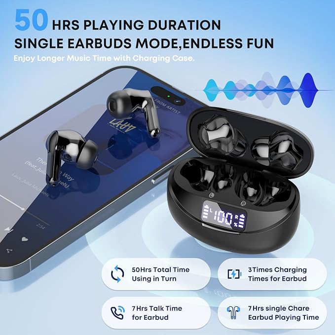 Wireless Earbuds Bluetooth 5.4 Headphones, Noise Cancelling Mic Ear Buds with 50H Playback, LED Digital Display, IPX7 Waterproof Earphones for Office/Running/Workout - Image 3