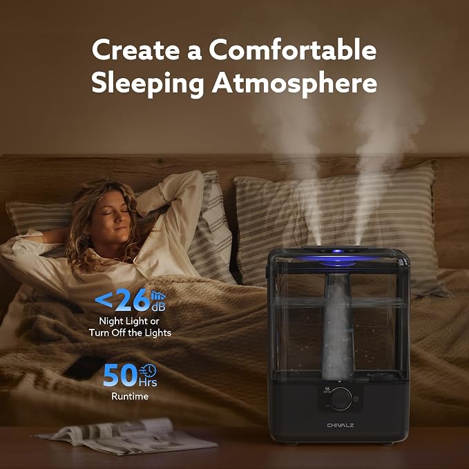 CHIVALZ Humidifiers for Bedroom Large Room Home, 6L Cool Mist Humidifier for Baby and Plant, Oil Diffuser, Top Fill Humidifier with Night Light, Quiet 26dB, Up to 50H, Black 1Pack - Image 3