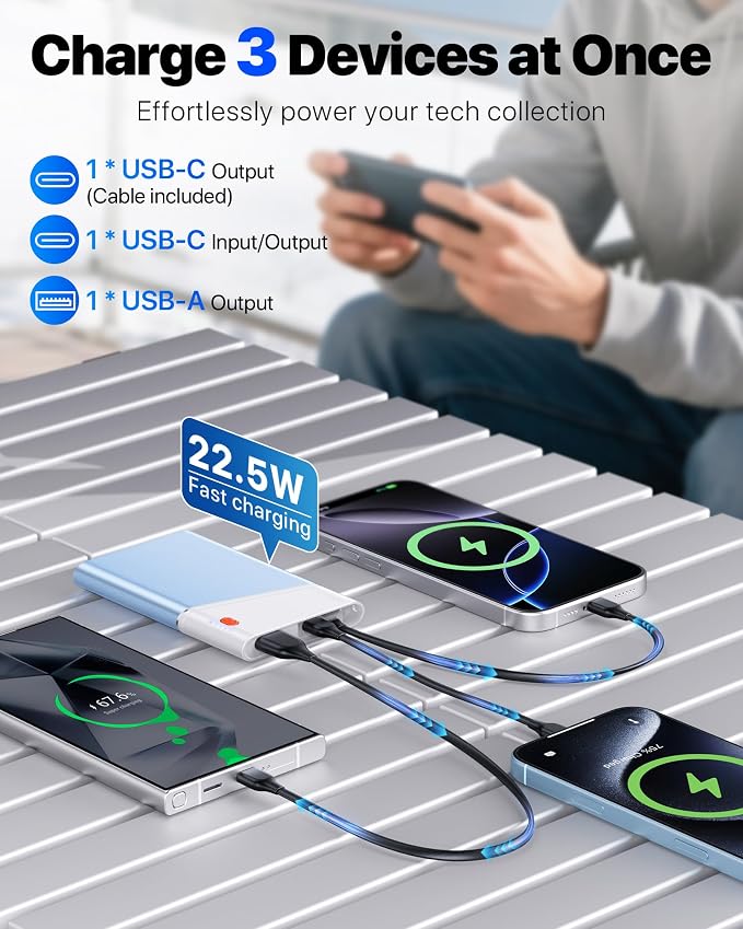Aaoyun Portable Charger Power Bank, 10000mAh 22.5W PD Fast Charging Powerbank with Built-in USB C Cable, Slim External Phone Battery Pack for iPhone 17/16/15 Samsung S24 Android etc (Blue) - Image 3