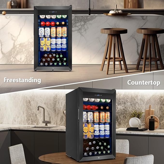 Beverage Refrigerator Cooler, 130 Cans 3.22 Cu.Ft Small Refrigerator with Low-E Glass Door, Lock, 17-Inch Beer Fridge for Drinks, Beer and Wine, Mini Fridge for Bedroom, Office and Bar, Black - Image 8