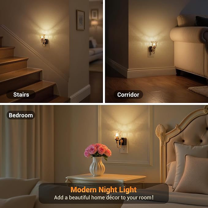 JandCase Night Light, 2 Pack Floral Night Lights Plug into Wall, Glass Flower - Image 5