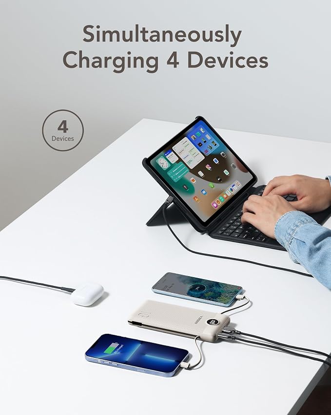 VEGER Portable Charger with Built-in AC Plug and Cables, All in One 10000mAh Ultra Slim Power Bank Travel Essentials, Fast Charging Battery Pack Compatible with iPhone, Samsung, Android (Coffee) - Image 4