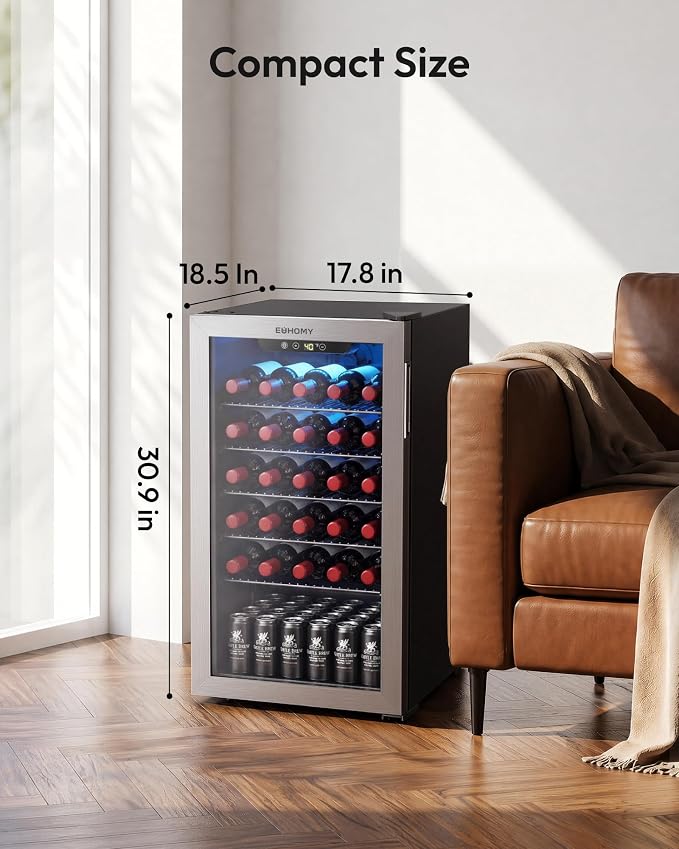 EUHOMY Wine Cooler, 128 Can Wine Fridge with Glass Door for Soda Beer or Wine, Mini Fridge for Home, Office, Bar with Removable Shelves, Silver - Image 6