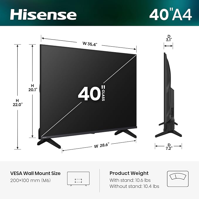 Hisense 40" Inch A4 Series FHD 1080p Smart VIDAA TV (40A4NV, 2026 NEW) - Full Array LED, DTS Virtual: X, Noise Reduction, AI Sports Mode, Works with Alexa, Apple Airplay & Apple Home, Slim Bezel - Image 3