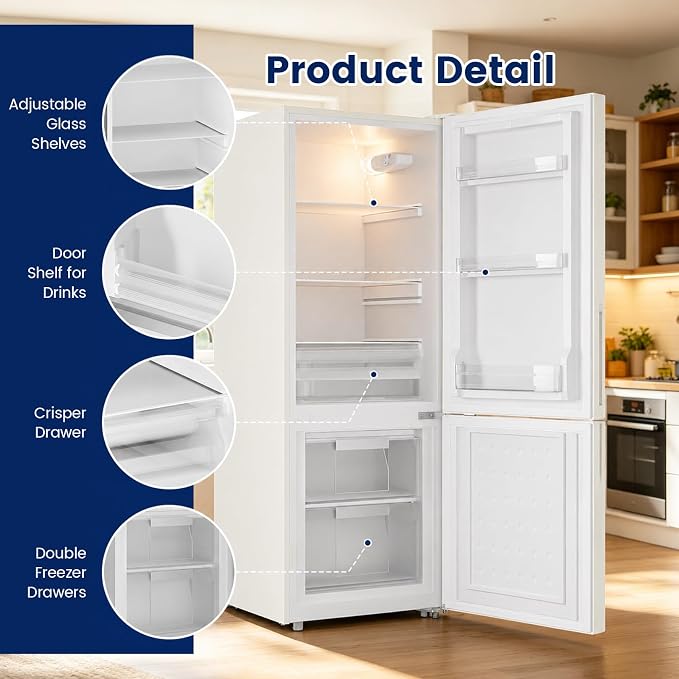 Apartment 7.1 Cu.Ft Refrigerator with Bottom Freezer Cream White | Office Fridge with Bottom Freezer, Large Capacity, Energy Saving, Adjustable Thermostat, Low Noise - Image 5
