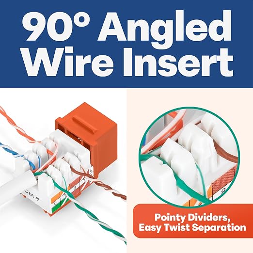 Everest 90° Angled RJ45 Cat6 Keystone Jacks 20-Pack in Orange - Image 3