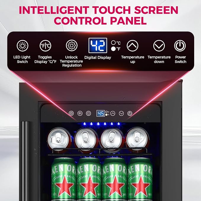 15 Inch Beverage Cooler Refrigerator, 15" Beverage Cooler Under Counter 130 Cans Beverage Fridge with Glass Door, Freestanding or Built-In Mini Drinks Fridge with Lock for Soda, Beer, Black - Image 2
