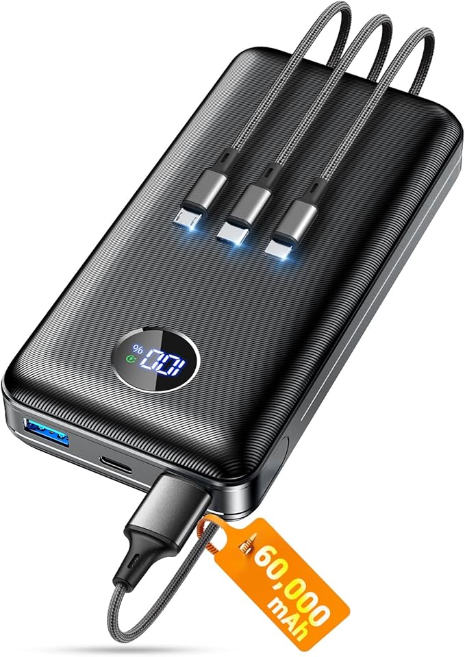 Portable Charger Power Bank, 60000mAh Battery Pack with 3 in 1 USB-C/iOS/Micro-USB Cable, 22.5W Fast Charging Portable Phone Charger, Travel Camping Essential Powerbank for iPhone 17/16 Samsung,Ebony by Unknown