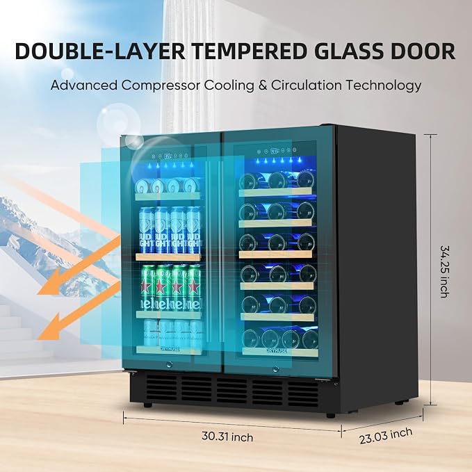 30 Inch Dual Zone Wine & Beverage Refrigerator, Built-In or Freestanding Wine Fridge with Seamless Black Stainless Steel Door, Glass Door, Digital Touch Control, Holds 30 Bottles & 110 Cans - Image 5