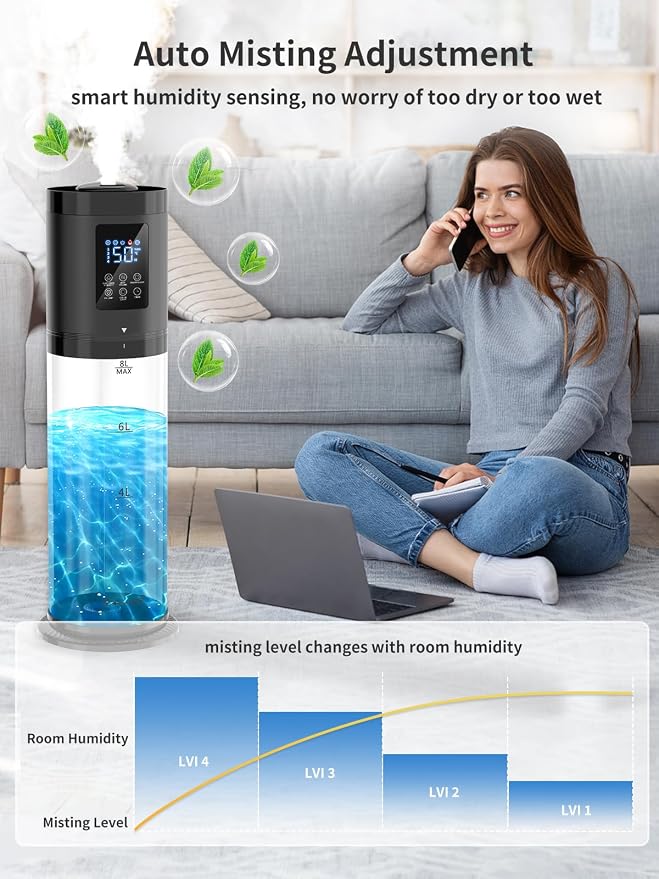 8L Humidifiers for Bedroom, 30dB Quiet, 500ft² Coverage, 60H Runtime, Top Fill, 3-in-1 Humidifier Large Room & Essential Oil Diffuser & Ambient Light, Sleep Mode, 16H Timer, Auto Shutoff Protection - Image 8