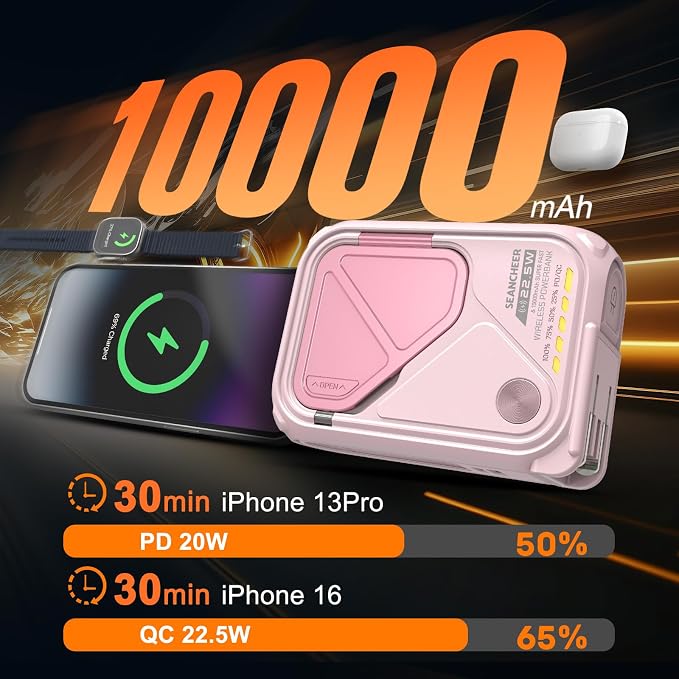 P05 Portable Charger, Magnetic Power Bank, Small Wireless PowerBank,Emergency Battery Pack 10000mAh Travel Essentials Fast Charging with Built in Cable, Wall Plug for iPhone,Samsung,Andriod (Pink) - Image 4