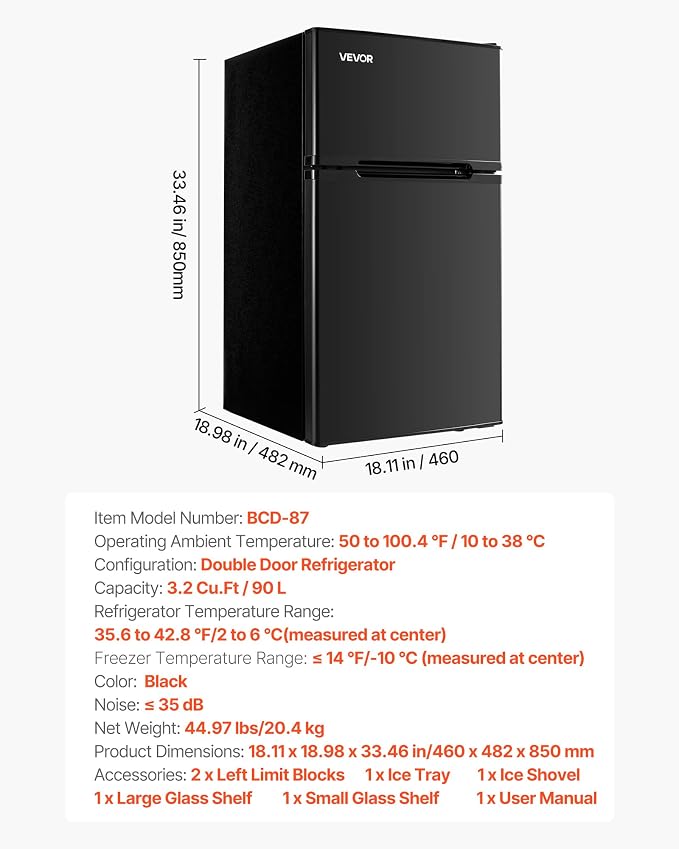 VEVOR 3.2 Cu.Ft Mini Fridge with Freezer, Dual Zone Compact Refrigerator, 3-Mode Adjustable Temperature, Energy Efficient Small Fridge, Reversible Door, Low Noise, for Bedroom, Dorm, Office, Black - Image 7