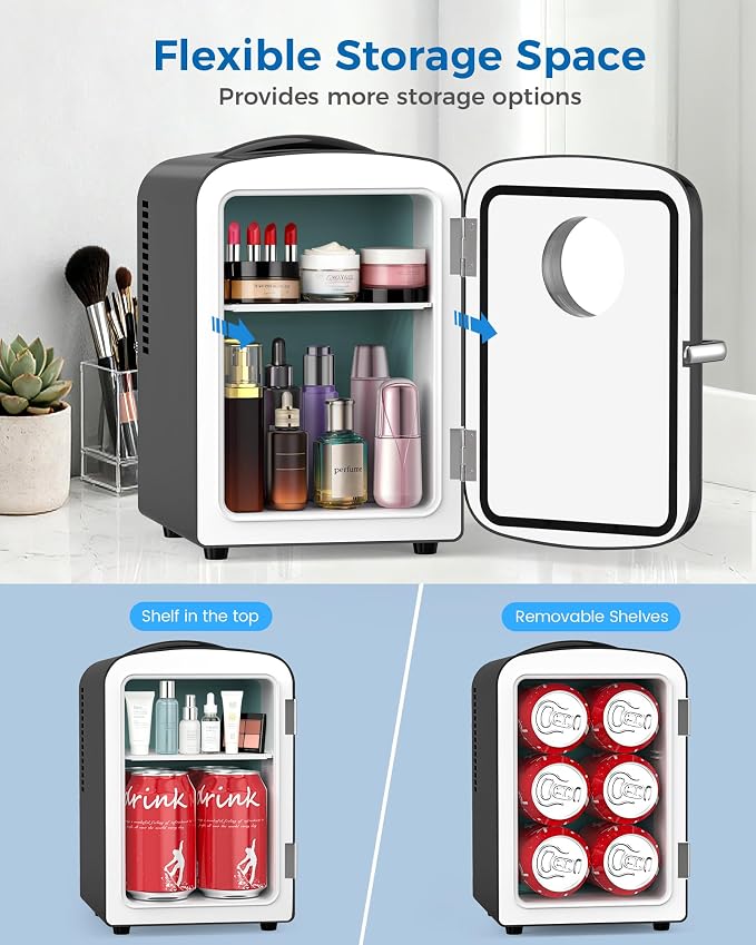 Electactic Mini Fridge for Skincare, 4L/6 Cans Portable Compact Cosmetic Fridge, Desktop Fridge with AC/DC Adapters, Observation Window, Small Cooler and Warmer for Beverage, Makeup, Bedroom, Black - Image 4