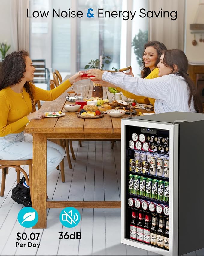 Feelfunn 3.2 Cu.Ft Mini Fridge with Glass Door - 126 Can Beverage Refrigerator Cooler for Drink Beer Wine Soda, Small Refrigerator for Bedroom Office Bar Dorm, 4 Adjustable Shelves, Silver - Image 6