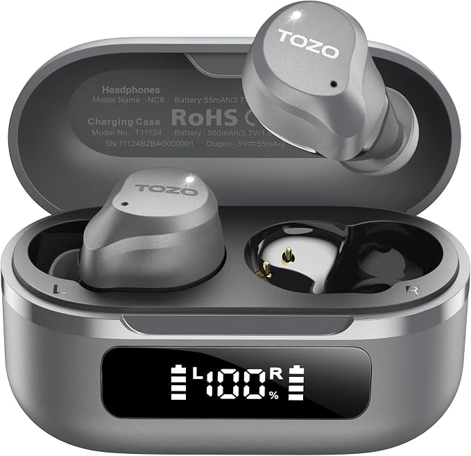 TOZO NC9 Hybrid Active Noise Cancelling Wireless Earbuds, 60H, LED Display | 6 Mic ENC Clear Calls, Deep Bass Sound, IPX8, in Ear Bluetooth 5.3 Headphones,32 EQs via APP, Comfort Fit Ear Buds, Gray by TOZO